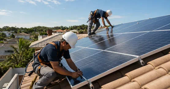 Dois técnicos da Energiza Solar instalando painéis solares no telhado de uma residência
