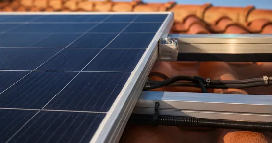 Painel solar novo com estrutura de alumínio e cabeamento organizado em telhado de telha cerâmica