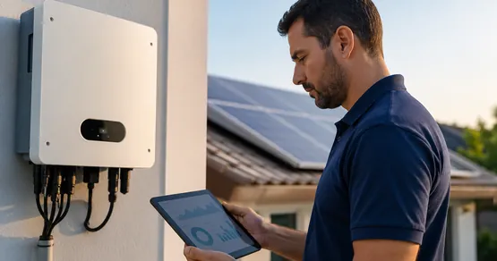 Técnico conferindo o desempenho do sistema solar em um tablet ao lado do inversor