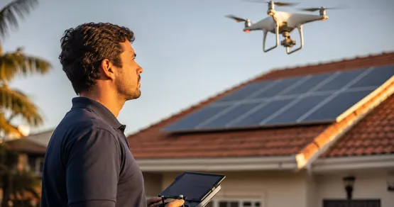 Técnico operando drone para inspecionar o telhado com painéis solares